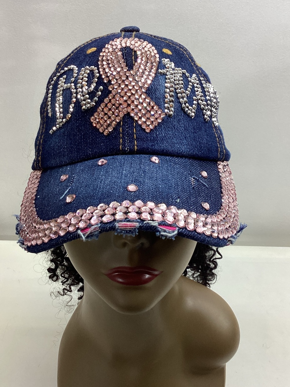 Denim Baseball Cap with Believe & Pink Crystal Ribbon Accent